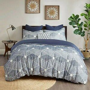 INK+IVY NAVY  Ellipse Cotton Jacquard FULL / QUEEN Duvet Cover & Shams Set